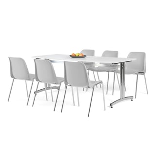 Möbelgrupp SANNA + SIERRA, 1 bord och 6 grå stolar