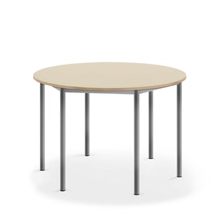 Skrivebord SONITUS, rundt, Ø1200x760 mm, birk højtrykslaminat, alu grå
