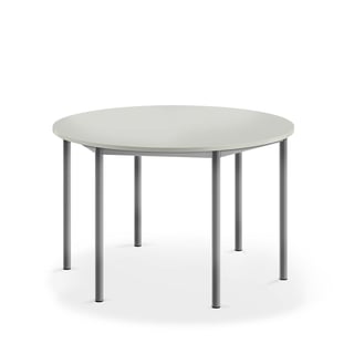Pöytä SONITUS, pyöreä, Ø 1200x720 mm, korkeapainelaminaatti HPL, harmaa, hopeanharmaa