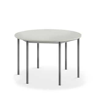 Desk SONITUS, round, Ø 1200x720 mm, grey high pressure laminate, alu grey