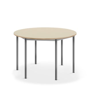 Desk SONITUS, round, Ø 1200x720 mm, birch high pressure laminate, alu grey