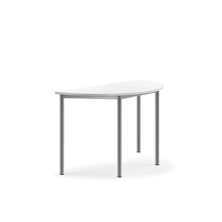 Skrivebord SONITUS, halvrundt, 1200x600x720 mm, hvid højtrykslaminat, alu grå