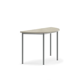 Desk SONITUS, semi-circular, 1200x600x760 mm, light grey linoleum, alu grey