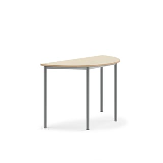 Stůl SONITUS, půlkruh, 1200x600x760 mm, stříbrné nohy, HPL deska tlumící hluk, bříza