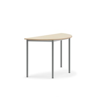 Stôl SONITUS, polkruh, 1200x600x760 mm, HPL - breza, strieborná