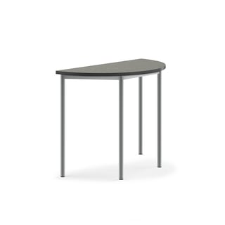 Pöytä SONITUS, puolipyöreä, 1200x600x900 mm, tummanharmaa linoleumi, alumiininharmaa