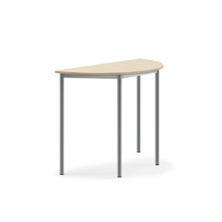 Stôl SONITUS, polkruh, 1200x600x900 mm, HPL - breza, strieborná