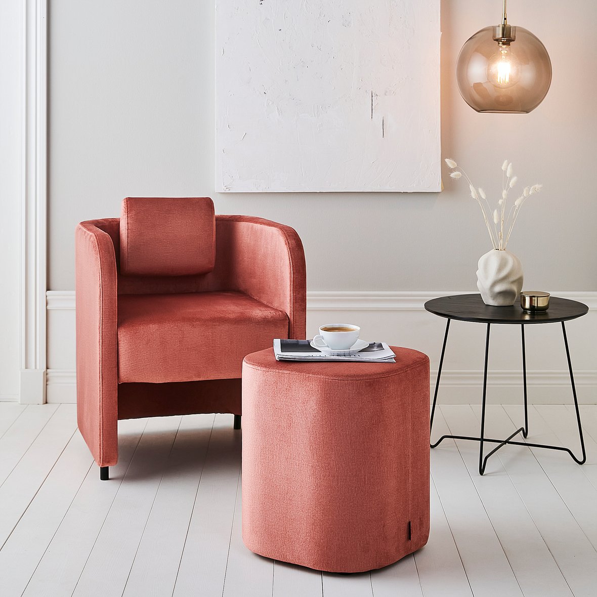 Furniture set COMFY, armchair + stool, with legs, velvet, salmon pink