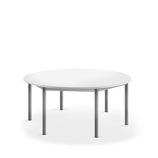 Bord BORÅS, lyddempende, Ø1200 H500 mm, stativ sølv, bordplate hvit