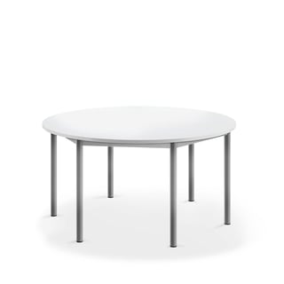 Bord BORÅS, lyddempende, Ø1200 H600 mm, stativ sølv, bordplate hvit