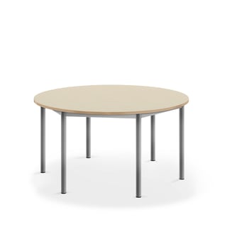 Desk BORÅS, round, Ø 1200x600 mm, birch laminate, alu grey