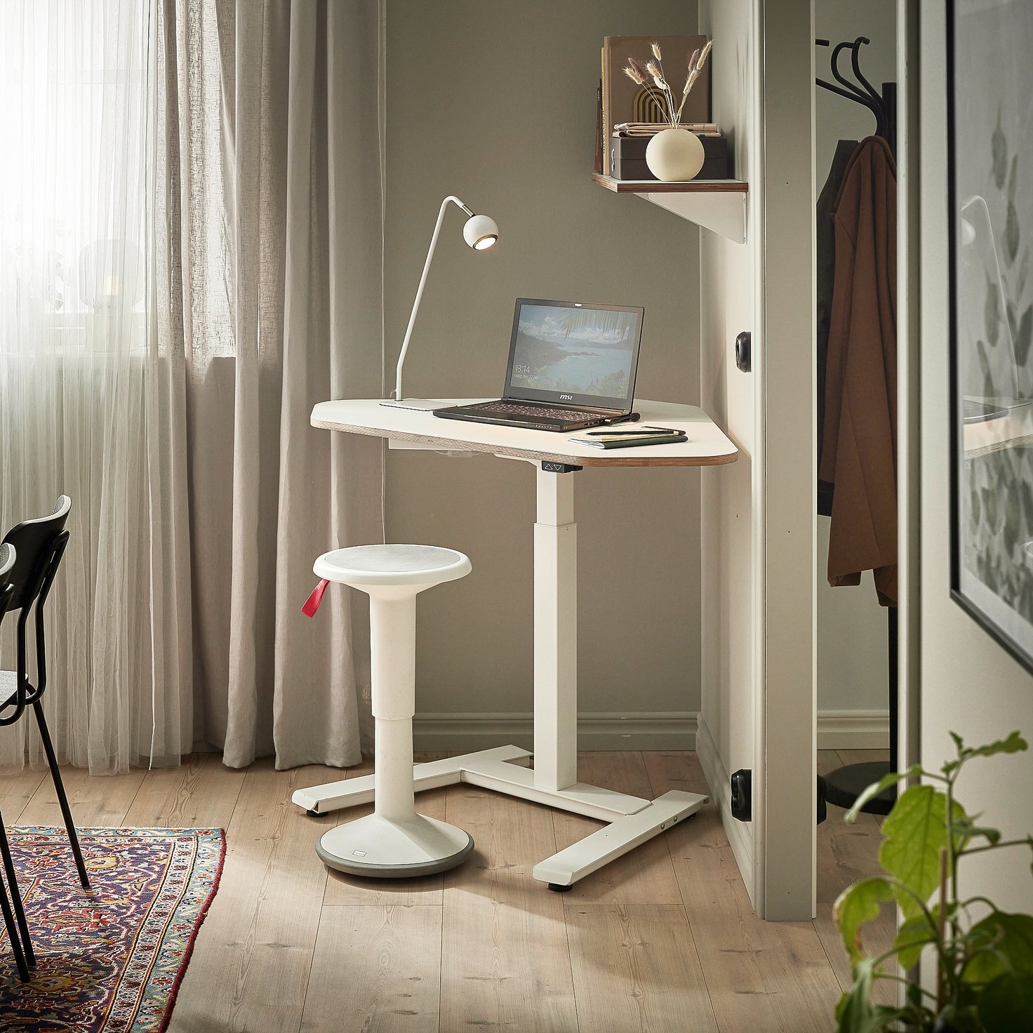Standing corner desk NOVUS, 1200x750 mm, white frame, white table top