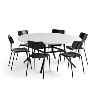 Möbelgrupp VARIOUS + RENO, 1 bord och 6 svarta stolar