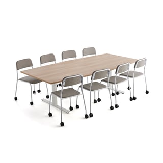Zostava nábytku: 1 stôl Modulus + 8 béžových stoličiek Attend