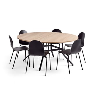 VARIOUS + GANDER, rundt bord og 6 svarte stoler