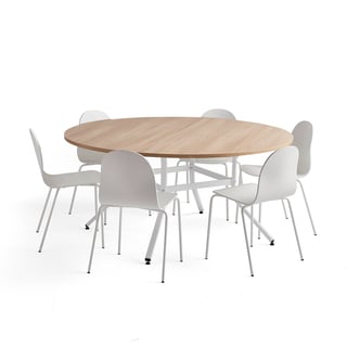 Möbelgrupp VARIOUS + GANDER, 1 bord och 6 vita stolar