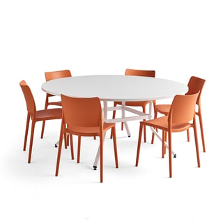 Komplet pohištva VARIOUS + RIO, 1 miza in 6 oranžnih stolov