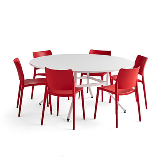 Möbelgrupp VARIOUS + RIO, 1 bord och 6 röda stolar
