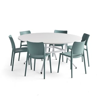 Furniture set VARIOUS + RIO, 1 table and 6 turquoise chairs