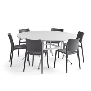 Möbelgrupp VARIOUS + RIO, 1 bord och 6 antracitgrå stolar.
