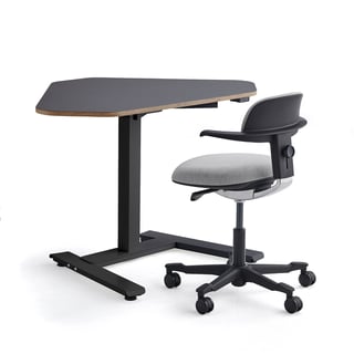 Mēbeļu komplekts NOVUS + NEWBURY, 1 stūra galds + 1 melns / pelēks biroja krēsls