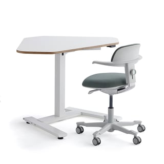 Mēbeļu komplekts NOVUS + NEWBURY, 1 stūra galds + 1 balts / zaļš biroja krēsls