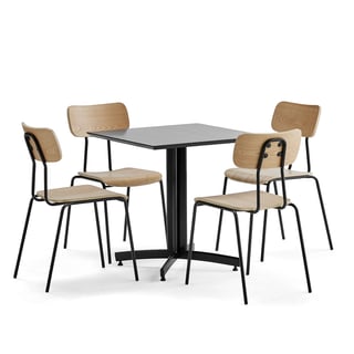 Kantinesæt SANNA+RENO, 1 x sort bord Ø 900 mm + 4 x stole i ask