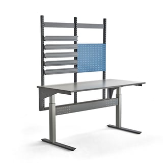 Komplett höj- och sänkbart arbetsbord VERVE, 200 kg, 1600x800 mm, verktygspanel och backskenor