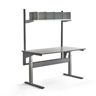 Teollisuuspöytä VERVE, korkeussäädettävä, 200 kg, 1600x800 mm, hyllyt