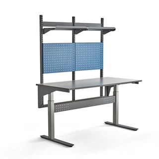 Height adjustable workbench VERVE, 200 kg, 1600x800 mm, tool panel + shelves