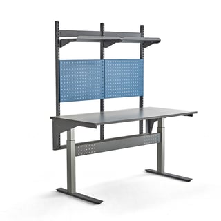Komplett höj- och sänkbart arbetsbord VERVE, 200 kg, 1600x800 mm, verktygstavla och hyllplan