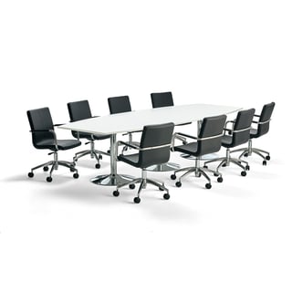 Sestava FLEXUS + DELTA, jednací stůl, bílý, 3200x1200 mm a 8 černých židlí