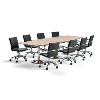 Møbelgruppe FLEXUS + DELTA, 1 bord (bøk) + 8 svarte stoler