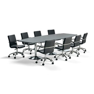 Sestava FLEXUS + DELTA, jednací stůl, šedý, 3200x1200 mm a 8 černých židlí