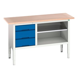 Storage bench BOTT®, 3 drawers + shelf, 600x1500 mm