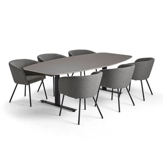 Möbelgrupp AUDREY + JOY, 1 bord, mullvadsbrun och 6 gråbeige stolar