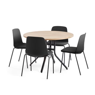 Pakettitarjous VARIOUS + LANGFORD, 1 pöytä ja 4 mustaa/antrasiitinharmaata tuolia