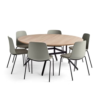 Sestava VARIOUS + LANGFORD, stůl Ø1600x740 mm, dub + 6 židlí, šedá/hnědá