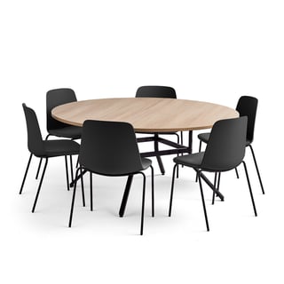 Pakettitarjous VARIOUS + LANGFORD, 1 pöytä ja 6 mustaa/antrasiitinharmaata tuolia