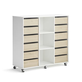 Student storage CASPER, 12 drawers, 3 compartments, white, birch
