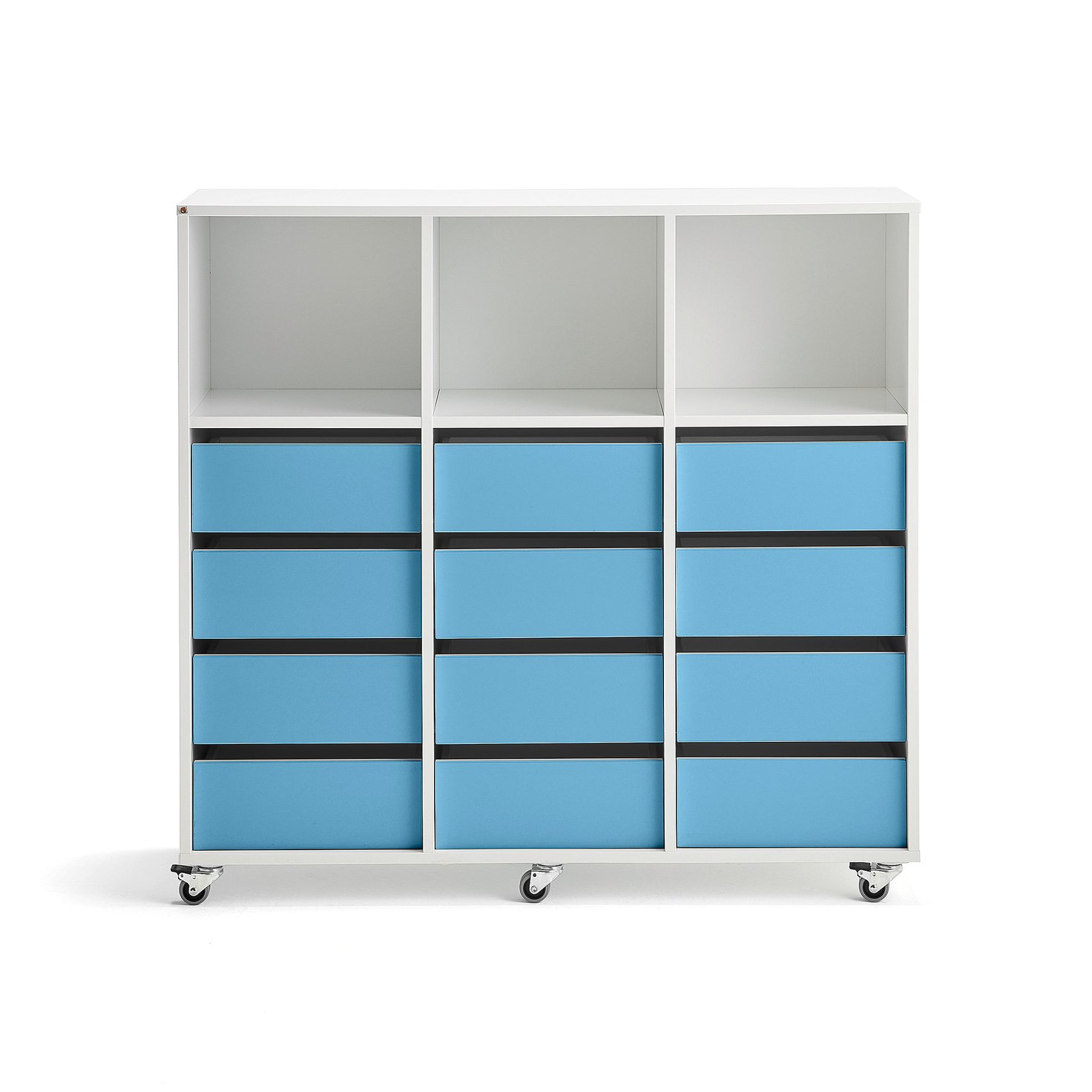 Student storage CASPER, 12 drawers, 3 upper compartments, white, blue