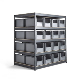 Widespan shelving FRASER + COMBO with 32 plastic boxes, 1980x1840x1230 mm