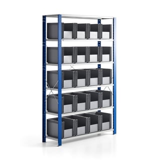 Widespan shelving FRASER + MIX with 20 plastic boxes, 2100x1365x400 mm
