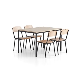 Jedálenská zostava JAMIE + WILSON, 1 stôl + 4 stoličky, breza, čierna