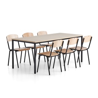 JAMIE + WILSON, 1 bord L1800 B800 mm + 6 stoler, bjørk/svart