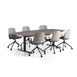 Möbelgrupp AUDREY + LANGFORD , bord 2400 mm, svart stativ, mullvadsbrun skiva + 6 bruna stolar