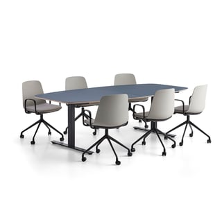 Möbelgrupp AUDREY + LANGFORD , bord 2400 mm, svart stativ, dovblå skiva + 6 ljusgrå stolar