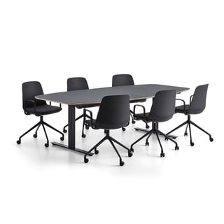 Möbelgrupp AUDREY + LANGFORD , bord 2400 mm, svart stativ, mörkgrå skiva + 6 antracitgrå stolar