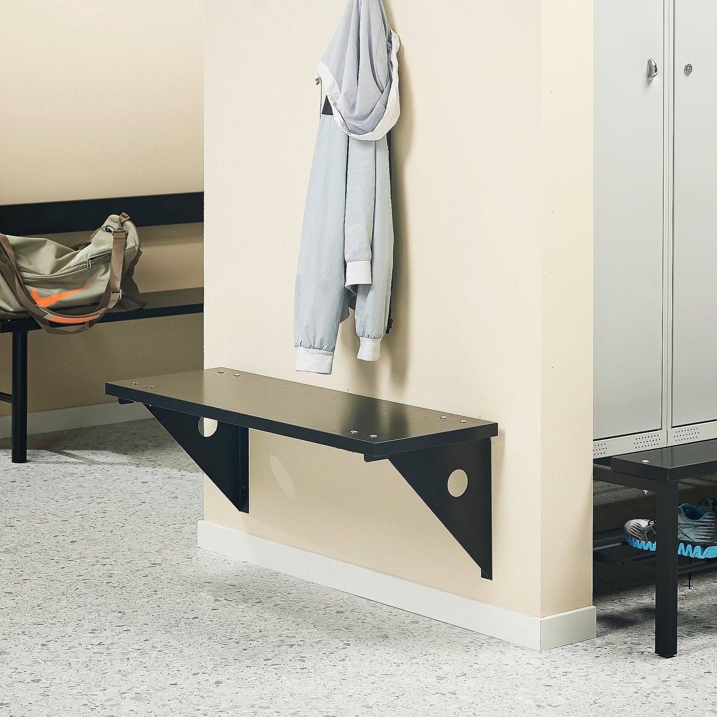 Wall mounted changing room bench STADIUM, 1000x360 mm, black | AJ Products