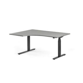 Hjørneskrivebord MODULUS, hev/senk, t-stativ, L1600 B1200 mm, svart, lys grå